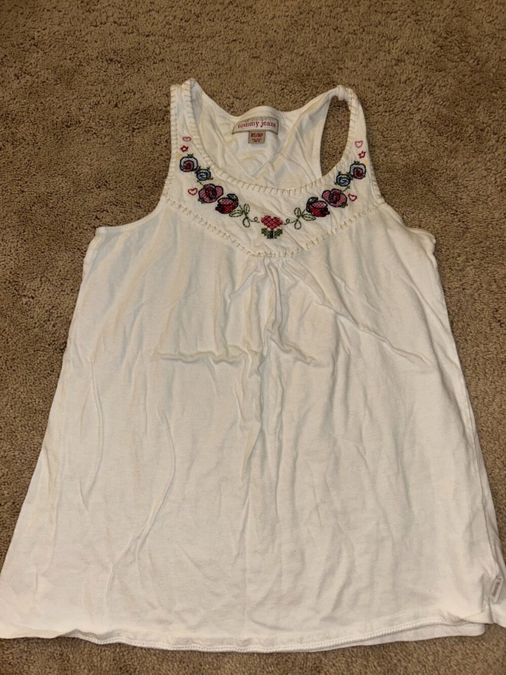 Tommy Jeans White Tank Top with Embroidered Floral Neckline